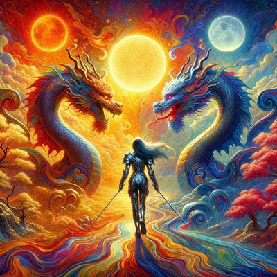 The primary subject of the image is a woman walking through a colorful, artistic landscape. She is holding a sword and appears to be the main focus of the scene. The setting is a vibrant, surreal environment with a mix of natural elements and fantastical creatures. The visual style is a combination of digital art and illustration, creating a unique and captivating atmosphere. The colors and mood of the image are lively and energetic, with a strong emphasis on the woman's journey and the